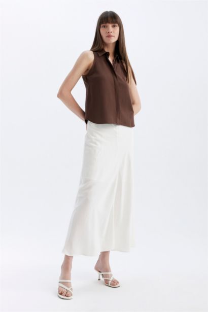 Regular Fit Shirt Collar Linen Blend Sleeveless Blouse