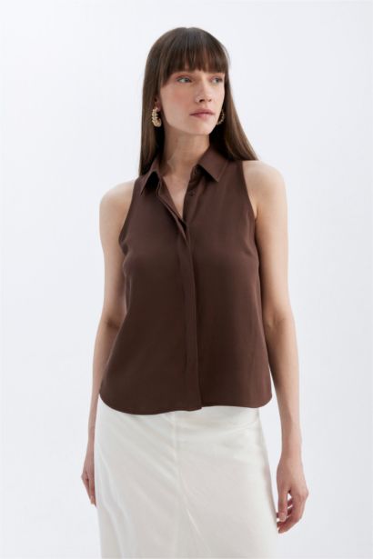 Regular Fit Shirt Collar Linen Blend Sleeveless Blouse
