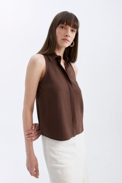 Regular Fit Shirt Collar Linen Blend Sleeveless Blouse