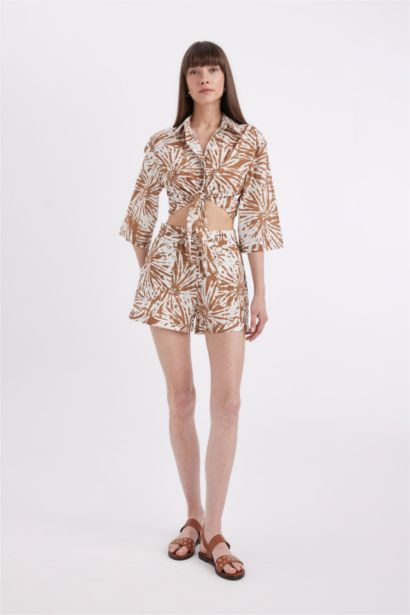 Shirt Collar Voile Short Sleeve Crop Blouse