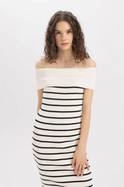 Fitted Striped Open Shoulder Ribbed Midi Dress