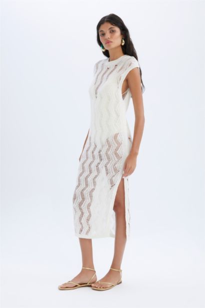 V-Neck Sleeveless White Midi Dress