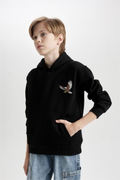 Baskılı Kapüşonlu Siyah Sweatshirt Erkek Çocuk