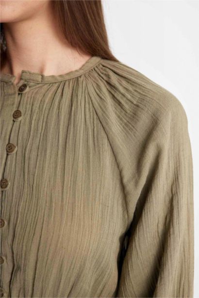 فستان كم طويل قصة مريحة من مزيج الكتان