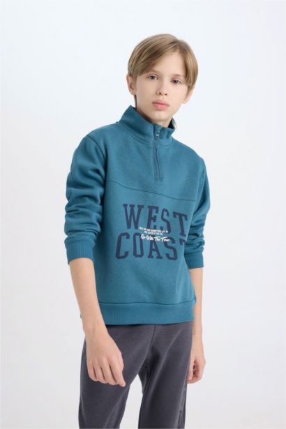 Yarım Fermuarlı Dik Yaka Baskılı Sweatshirt Erkek Çocuk