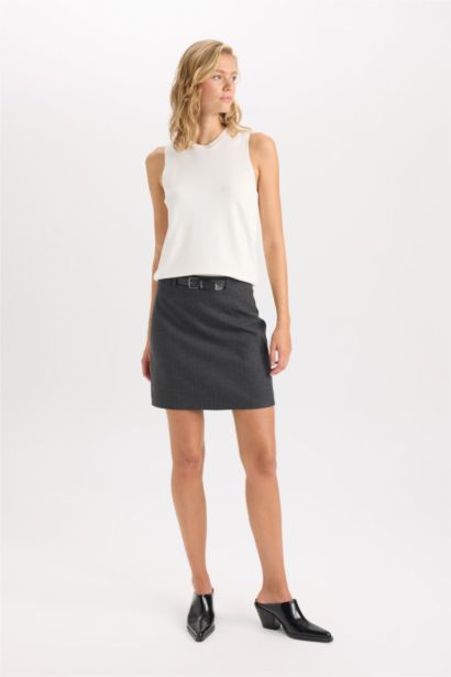 A Cut Basic High Waist Belted Mini Classic Skirt