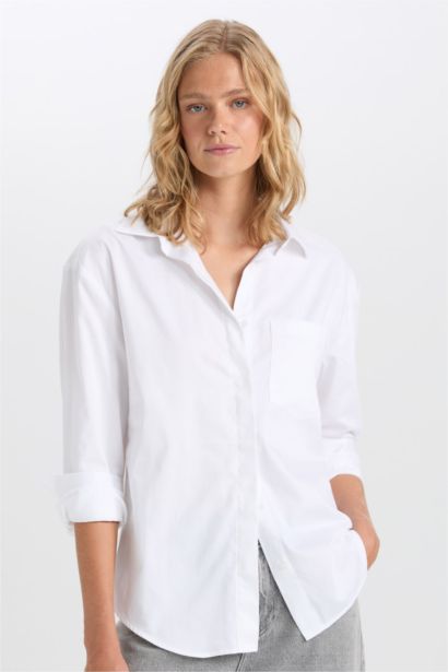 Oversize Geniş Kalıp Cepli Basic Düz Poplin Uzun Kollu Beyaz Gömlek