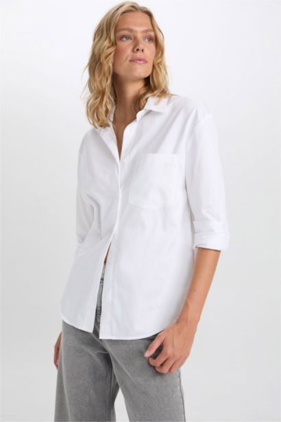 Oversize Geniş Kalıp Cepli Basic Düz Poplin Uzun Kollu Beyaz Gömlek