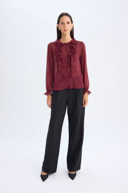 Regular Fit Bisiklet Yaka Fırfırlı Şifon Uzun Kollu Bluz