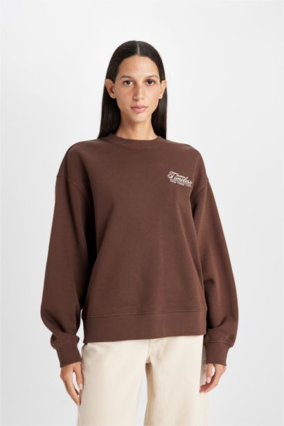 Relax Fit Bisiklet Yaka Baskılı Kalın Sweatshirt