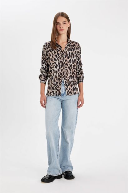 قميص جلد النمر كم طويل بوبلين قصة عادية