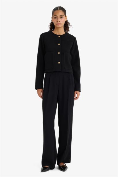 Crew Neck Buttoned Crop Blazer Jacket