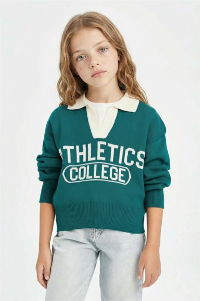 Girl Polo Neck Text Printed Knitwear Pullover