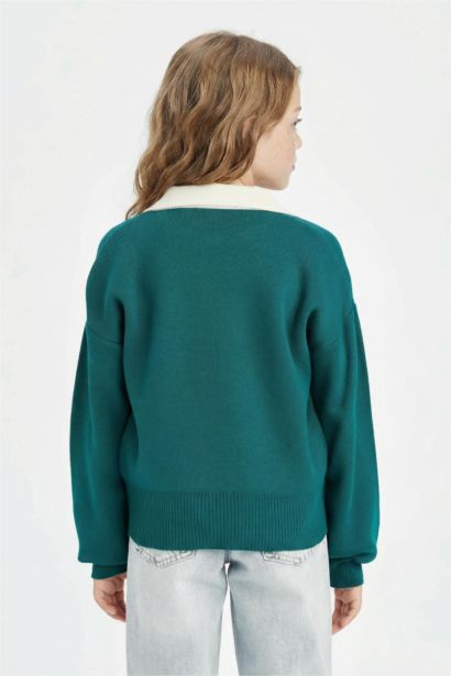 Girl Polo Neck Text Printed Knitwear Pullover
