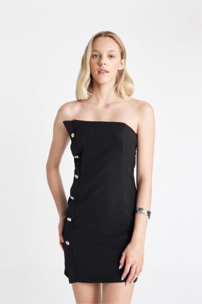 Straplez Düğme Detaylı Mini Elbise