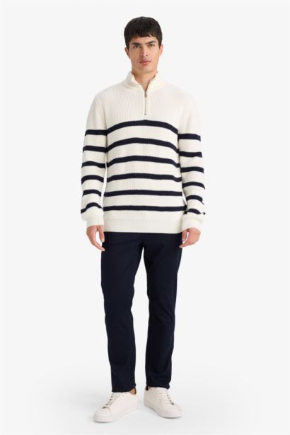 Standard Fit Stand Collar Half Zipper Striped Knitwear Pullover