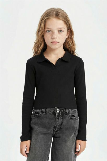 تيشيرت كروب بناتي بيزك كم طويل مضلع بياقة بولو