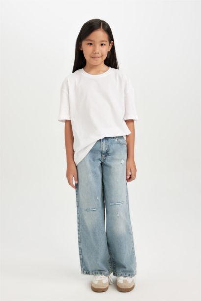 Kız Çocuk Wide Leg Jean Pantolon Yırtık Detaylı Cepli Geniş Bol Paça