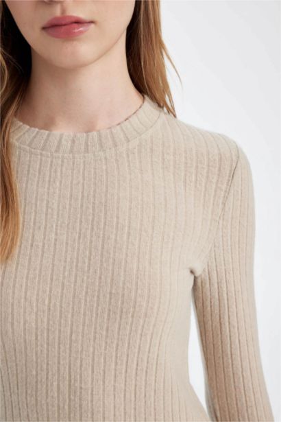 Bodycon Vücudu Saran Bisiklet Yaka Basic Düz Kaşkorse Uzun Kollu Maxi Elbise