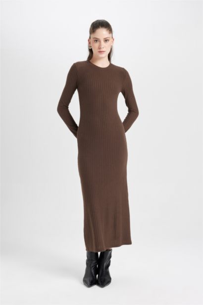 Bodycon Vücudu Saran Bisiklet Yaka Basic Düz Kaşkorse Uzun Kollu Maxi Elbise