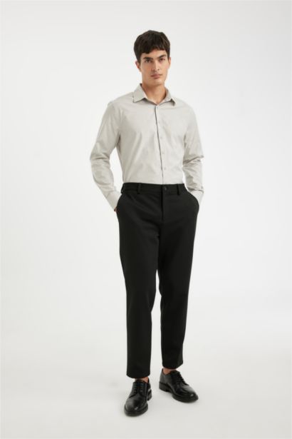 قميص بولو سادة كم طويل بوبلين مودرن فيت من مزيج الكتان