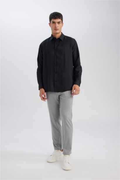 قميص بولو اسود بيزك سادة كم طويل من التويل قصة مريحة