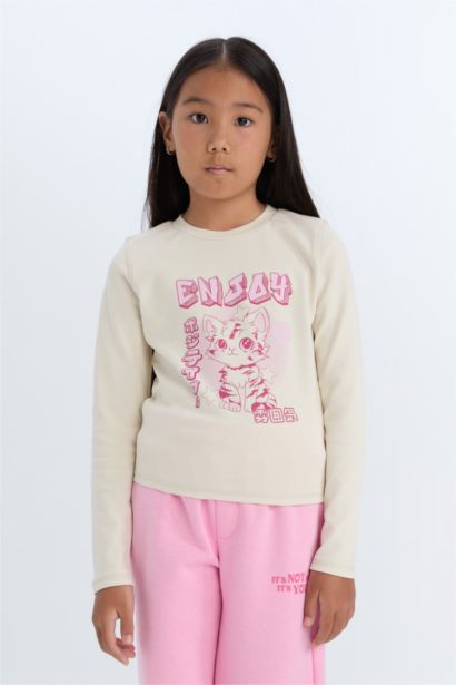 Cropped Fit Bisiklet Yaka Baskılı Fitilli Kaşkorse Uzun Kollu Tişört Kız Çocuk