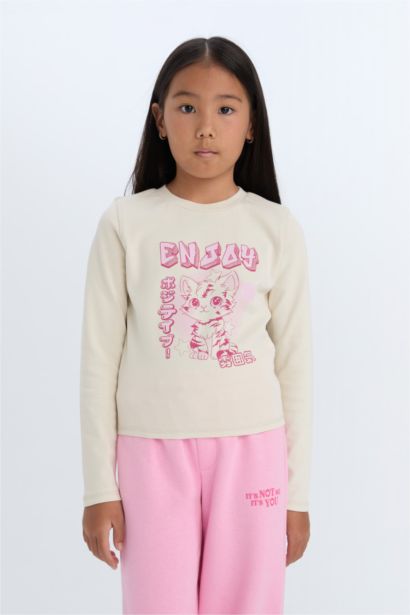 Cropped Fit Bisiklet Yaka Baskılı Fitilli Kaşkorse Uzun Kollu Tişört Kız Çocuk