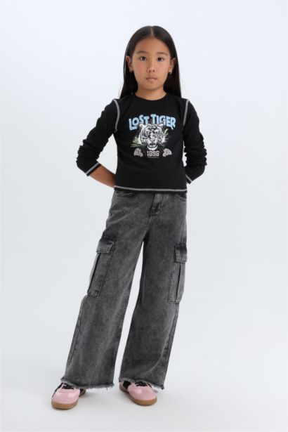 Girl Crew Neck Printed Ribbed Camisole Crop T-Shirt