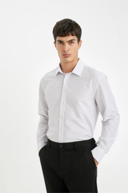 Modern Fit Poplin Patterned Cotton Blend Long Sleeve Shirt