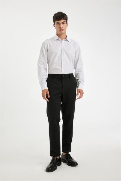 قميص بولو ابيض كم طويل بوبلين مودرن فيت من مزيج القطن