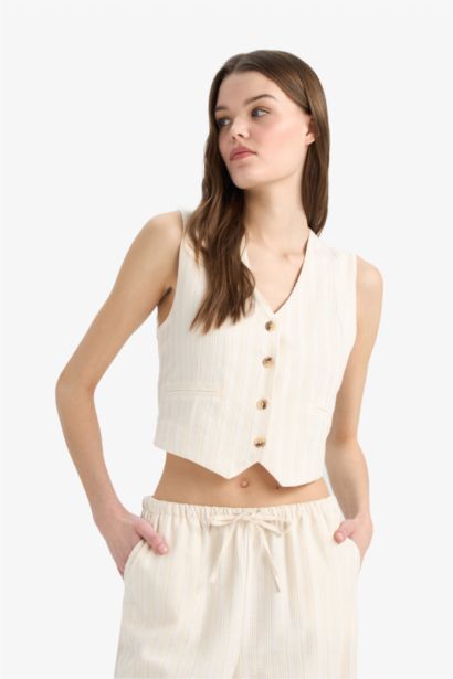 Regular Fit V Neck Linen Blend Blazer Vest