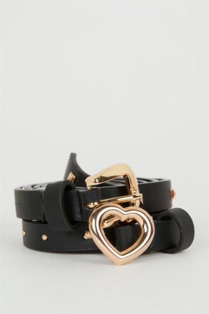 Woman Faux Leather Heart Buckle 2 Piece Classic Belt