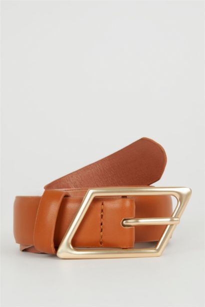 Woman Faux Leather Gold Buckle Classic Belt