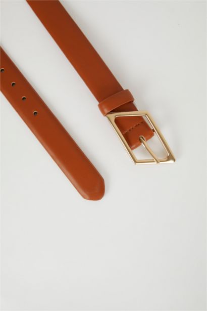 Woman Faux Leather Gold Buckle Classic Belt