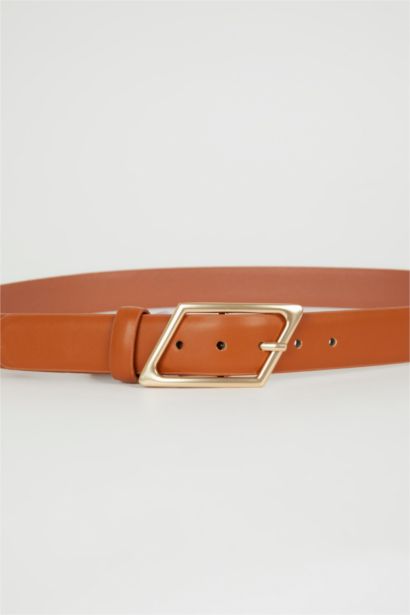 Woman Faux Leather Gold Buckle Classic Belt