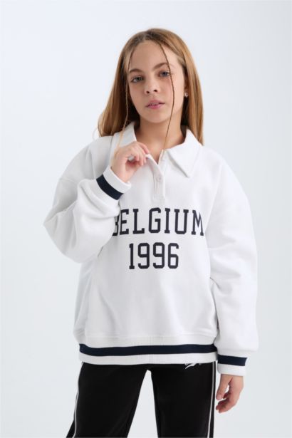 Girl Oversize Fit Pattern Polo Neck Printed Sweatshirt