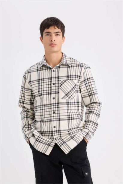 Regular Fit Polo Collar Plaid Flanel Long Sleeve Shirt