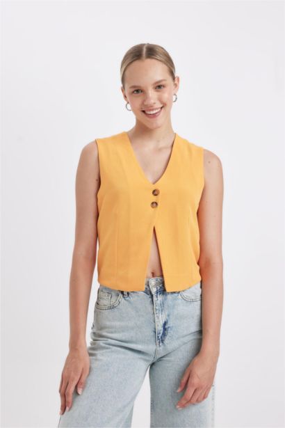 Regular Fit V-Neck Linen Blend Vest