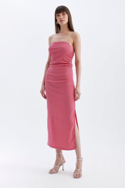 Bodycon Straplez Bürümcük Midi Abiye Elbise