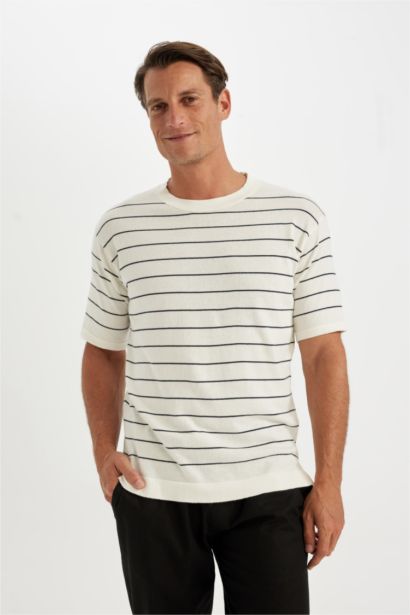 Standard Fit Crew Neck Striped Cotton Short Sleeve T-Shirt