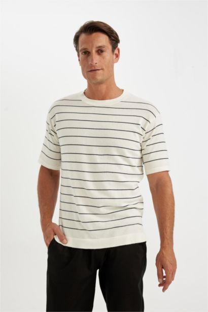 Standard Fit Crew Neck Striped Cotton Short Sleeve T-Shirt