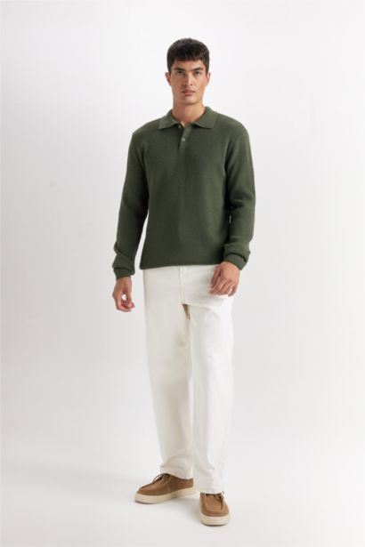 Haki Standart Fit Normal Kesim Polo Yaka Triko Kazak