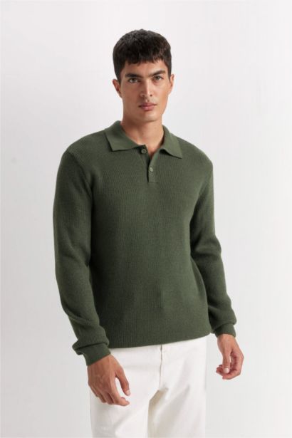 Haki Standart Fit Normal Kesim Polo Yaka Triko Kazak