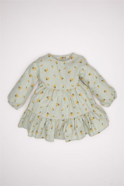 فستان بناتي بنقشة الزهور مكشكش قصة عادية كم طويل برقبة مستديرة