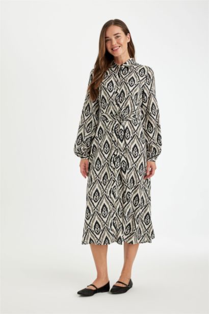 Shirt Collar Patterned Long Sleeve Maxi Dress