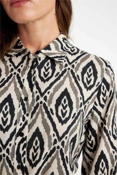 Shirt Collar Patterned Long Sleeve Maxi Dress