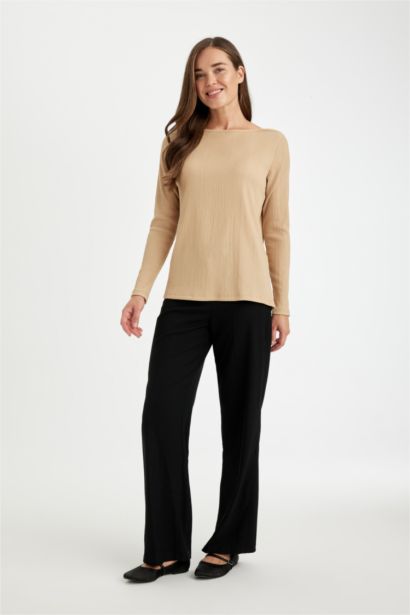 Regular Fit Boat Neck Burgundy Long Sleeve T-Shirt