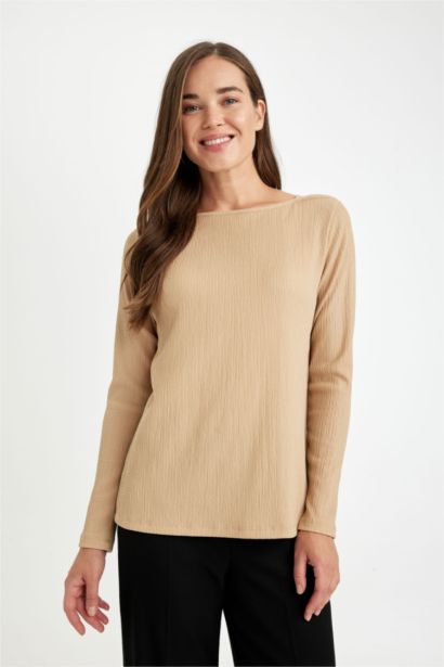 Regular Fit Boat Neck Burgundy Long Sleeve T-Shirt