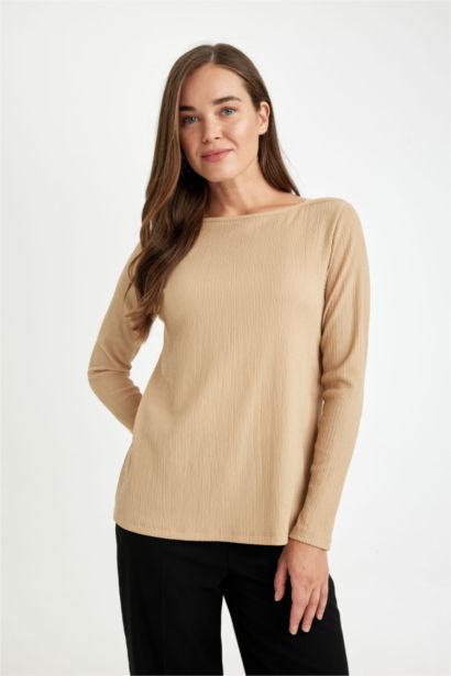 Regular Fit Boat Neck Burgundy Long Sleeve T-Shirt